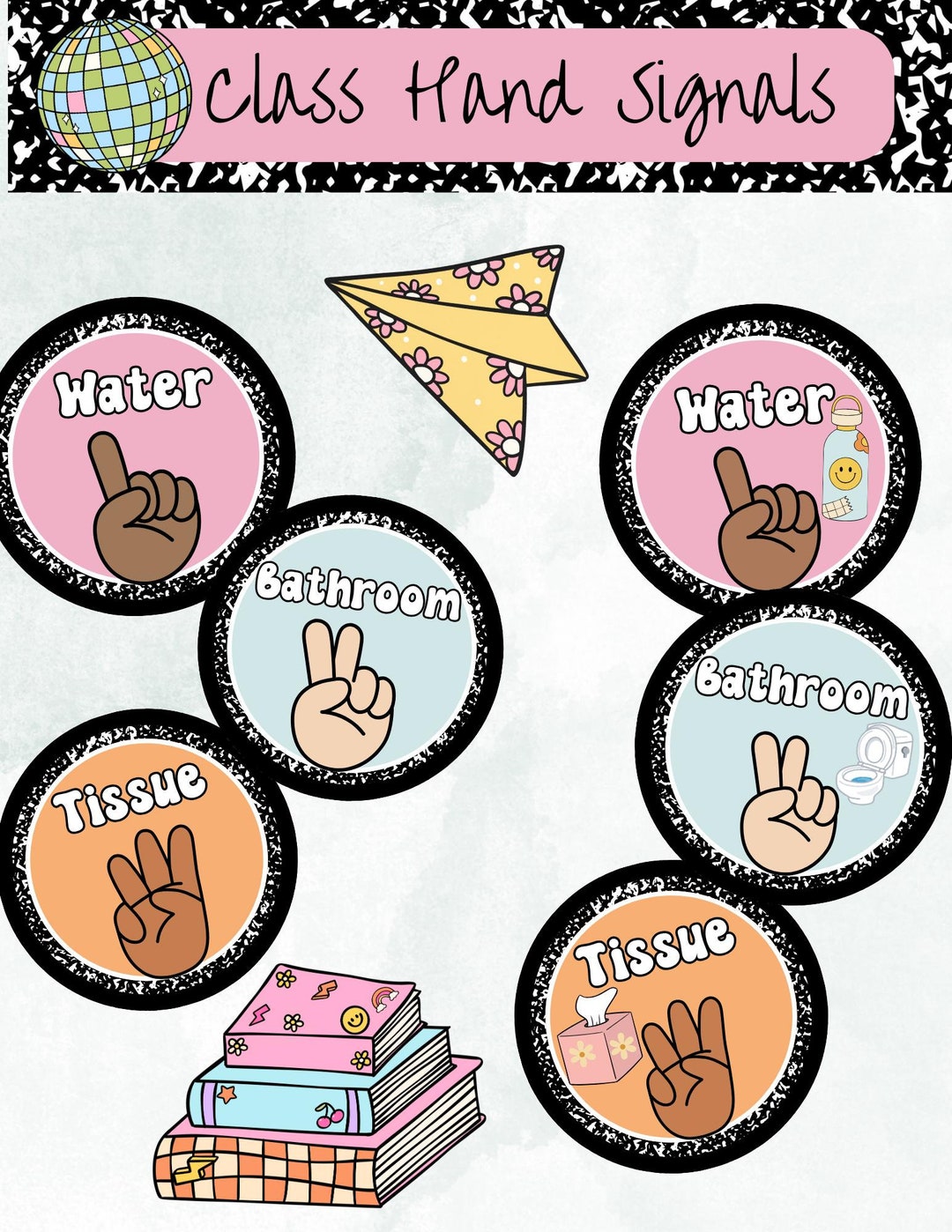 Retro Classroom Hand Signals Printable, Teacher Info (editable Canva ...