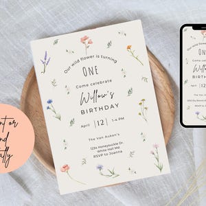 Wildflower First Birthday Invitation, wildflower birthday invitation, floral 1st birthday invite, boho birthday invitation, sweet one party