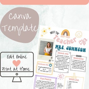 Editable Retro Meet the Teacher Template, Back to School, Teacher Info Printable, Customizable, Instant Download, Editable Canva Template