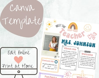 Editable Retro Meet the Teacher Template, Back to School, Teacher Info Printable, Customizable, Instant Download, Editable Canva Template