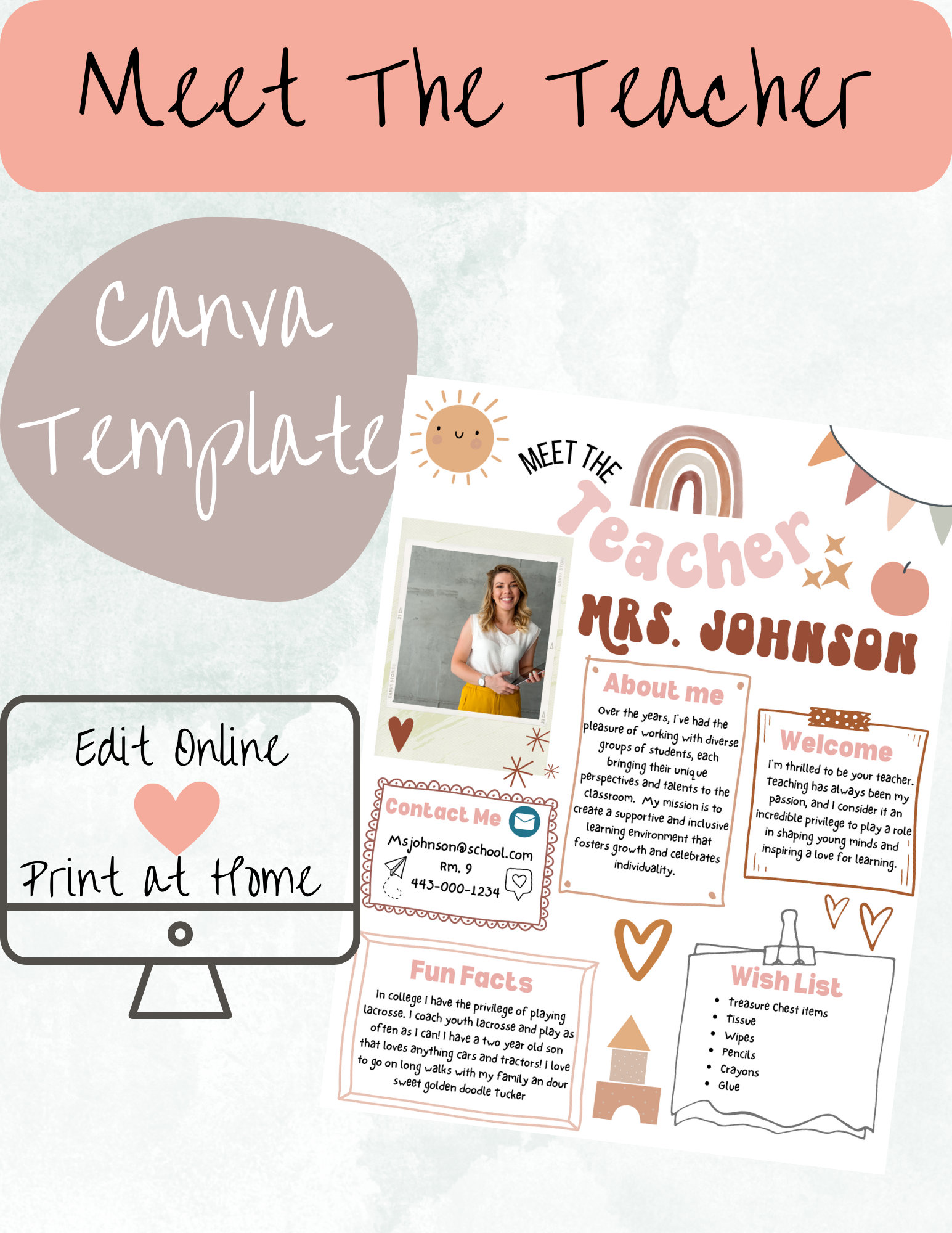 Editable Boho Meet the Teacher Template, Back to School, Teacher Info Printable, Customizable, Instant Download, Editable Canva Template