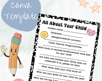 Retro Student Information Sheet, Student Survey, Back to School, Printable, Customizable, Instant Download, Editable Canva Template