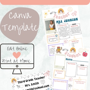 Bundle & Save Editable Retro Meet the Teacher Template, Back to School, Teacher Info Printable, Instant Download, Editable Canva Template