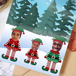 Modello di biglietto di Natale degli elfi, ritaglia il viso, foto del ritratto di famiglia degli elfi, biglietto di famiglia personalizzato, invito alla festa di Natale, elfo di Natale, inserisci il viso Canva
