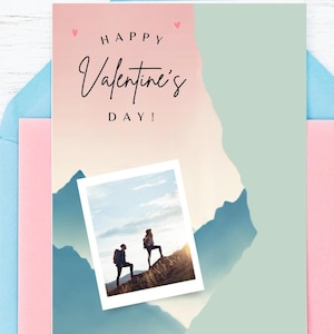 Wandern benutzerdefinierte Valentinstagskarte, blaue Berge, Canva Valentinstagskartenvorlage, druckbare Karte für Ehemann, bearbeitbare Karte für Outdoor-Paar