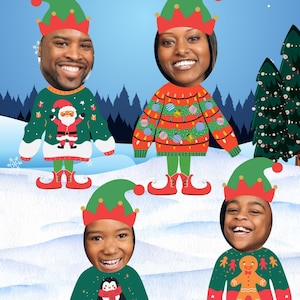 Elfen selbst einfügen Gesicht Weihnachtskarte Digital, Foto-Weihnachtsvorlage Canva, Elfen-Familienporträt, Weihnachtspullover-Pullover, Gesicht im Loch