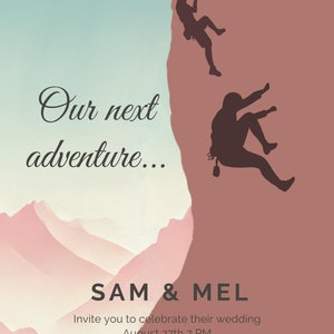 Faire-part de mariage en montagne pour couple d'escalade, modèle d'invitation photo bricolage en plein air, carte RSVP sur toile, invitation de randonnée PNG Illustration d'alpiniste