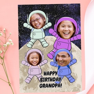 Cartão de aniversário de retrato de família, lua, modelo de astronauta Canva para avó, cartão de agradecimento PNG, foto de família engraçada, presente personalizado para avô