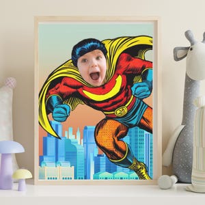 Super-héros chambre d'enfants Portrait personnalisé PNG modèle bande dessinée drôle Photo de famille cadeau toile visage dans le trou carte d'anniversaire téléchargement impression chambre d'enfant