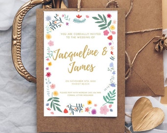 Printable Flower Wedding Invitation Template - 5 by 7 Bright Floral Border Illustration - Digital Download - A5 frame PNG