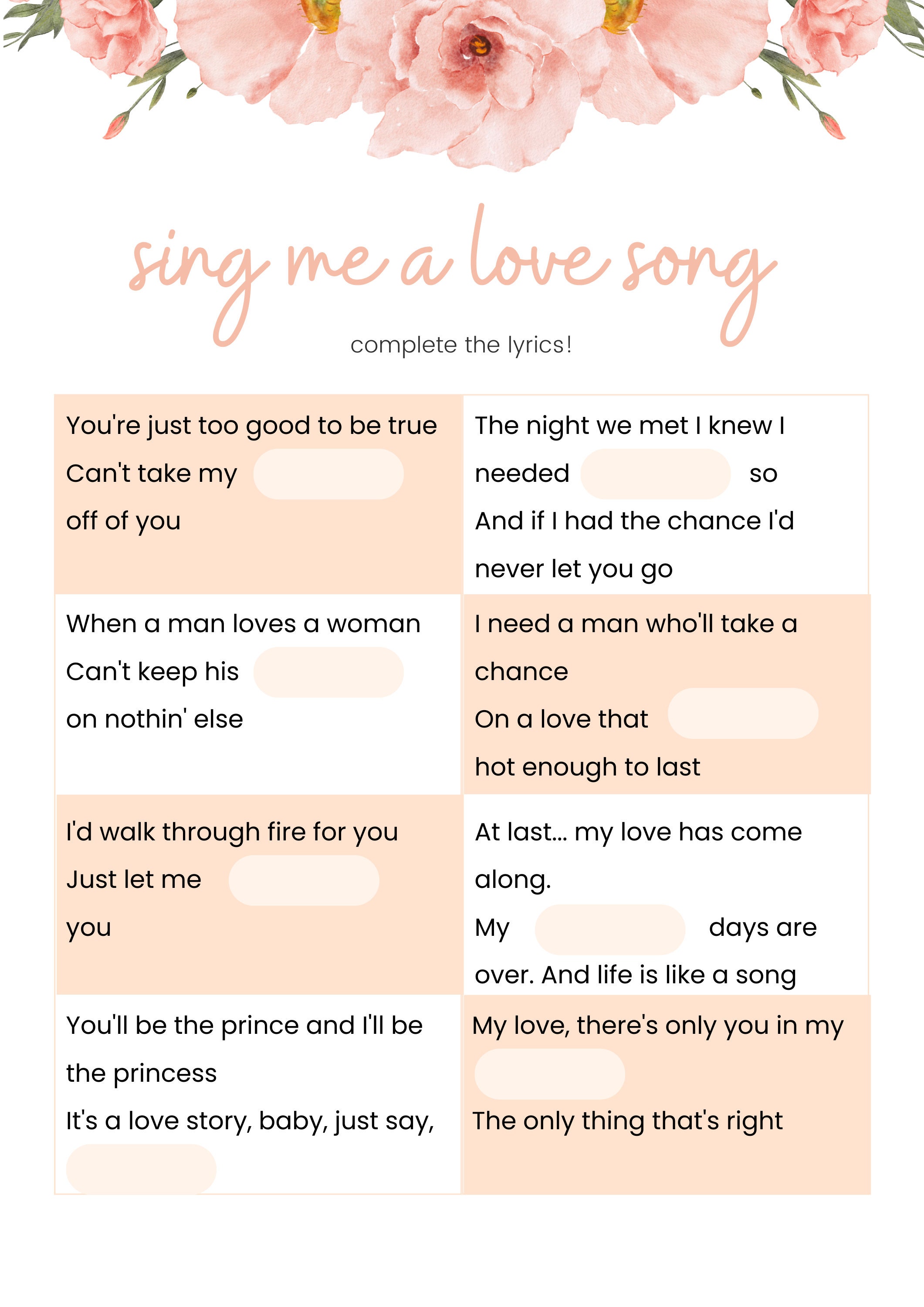 Hen Party Printable Love Song Quiz Wedding Shower Activity Bachelorette ...