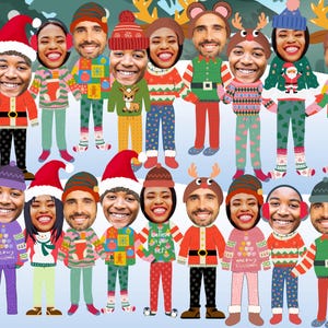 May include: A collection of cartoon figures with smiling faces, wearing festive Christmas sweaters and hats. The figures are arranged in a row, with a snowy background. Some figures have reindeer antlers or bear ears.