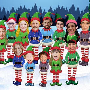 May include: A group of people dressed as elves, each with a different face, standing in a snowy landscape. They wear green and red elf outfits with striped stockings and pointed hats. A Christmas tree is visible in the background.