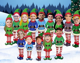 Modèle photo de Noël, portrait de famille, carte grimace, faire-part de lutin de vacances personnalisé, fête de Noël, illustration d'invitation de Noël