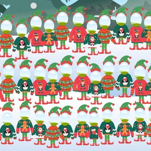 May include: A festive illustration featuring numerous Christmas gnomes. Each gnome is dressed in a red or green sweater with holiday-themed designs, including penguins, gingerbread men, and Santa Claus. They wear green hats and red shoes, set against a snowy backdrop.