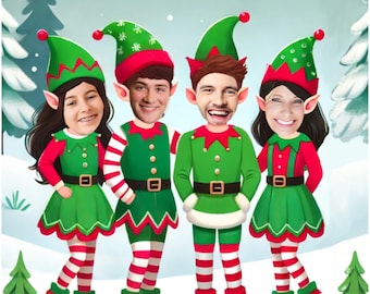 May include: Illustration of four people dressed as Christmas elves. They wear green and red outfits with matching hats and shoes. The background shows a snowy scene with Christmas trees.