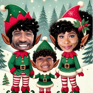Weihnachtskarten-Schablone, schwarzes Familienporträt-Foto, lustige benutzerdefinierte Feiertags-Elfen-Einladung, Weihnachtsfeier, xmas Familie von 3 Illustration
