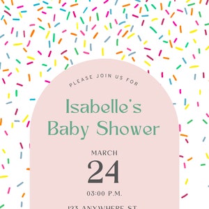 Puede incluir: Una invitación a una fiesta de bienvenida al bebé de color rosa y blanco con confeti de colores. La invitación dice "Por favor, únase a nosotros para la fiesta de bienvenida al bebé de Isabelle, el 24 de marzo, a las 3:00 p. m., 123 Anywhere St., Any City, RSVP: 123-456-7890".