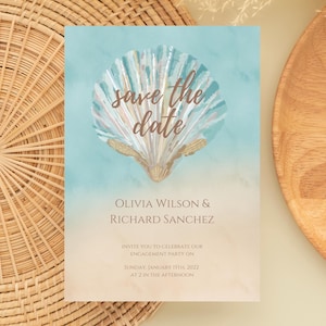 Concha para guardar la fecha Canva Boda PNG Mar azul Playa Invitación Acuarela Concha de mar Plantilla de invitación personalizada de concha Tarjeta digital de concha