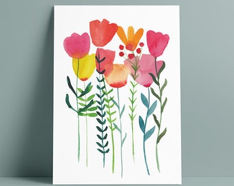 Tulips gift print Flowers illustration Floral watercolor Pink tulips wall art Spring flowers print Botanical illustration watercolor print