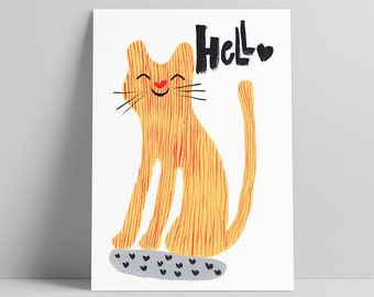 Hello cat watercolor art Illustration, Home Decor print, Wall Art, Animal, Kitchen Decor, Folk painting, Folk cat, Scandinavian art nursery