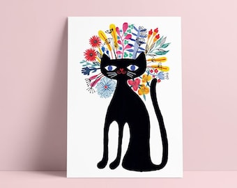 Black cat watercolor art Illustration, Home Decor, Wall Art, Animal, Kitchen Decor, Gift, Folk painting, Folk cat, Scandinavian art nursery