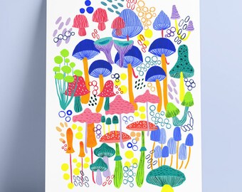 Stampa artistica di funghi, funghi ad acquerello, decorazioni per la casa ad acquerello, opere d'arte con funghi, dipinti di funghi, illustrazioni astratte, funghi selvatici