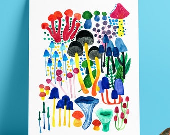 Mushroom Art Print, Watercolor Mushrooms, Watercolor Home Decor, Mushroom Artwork, Mushroom Painting, Abstract Illustration,  Wild Mushrooms