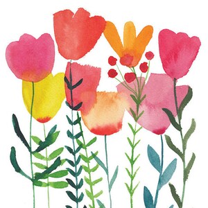 May include: Watercolour painting of a bouquet of pink, red, orange and yellow flowers with green stems and leaves.