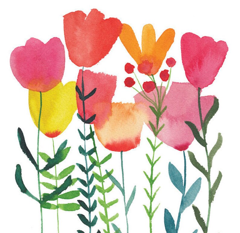 May include: Watercolour painting of a bouquet of pink, red, orange and yellow flowers with green stems and leaves.