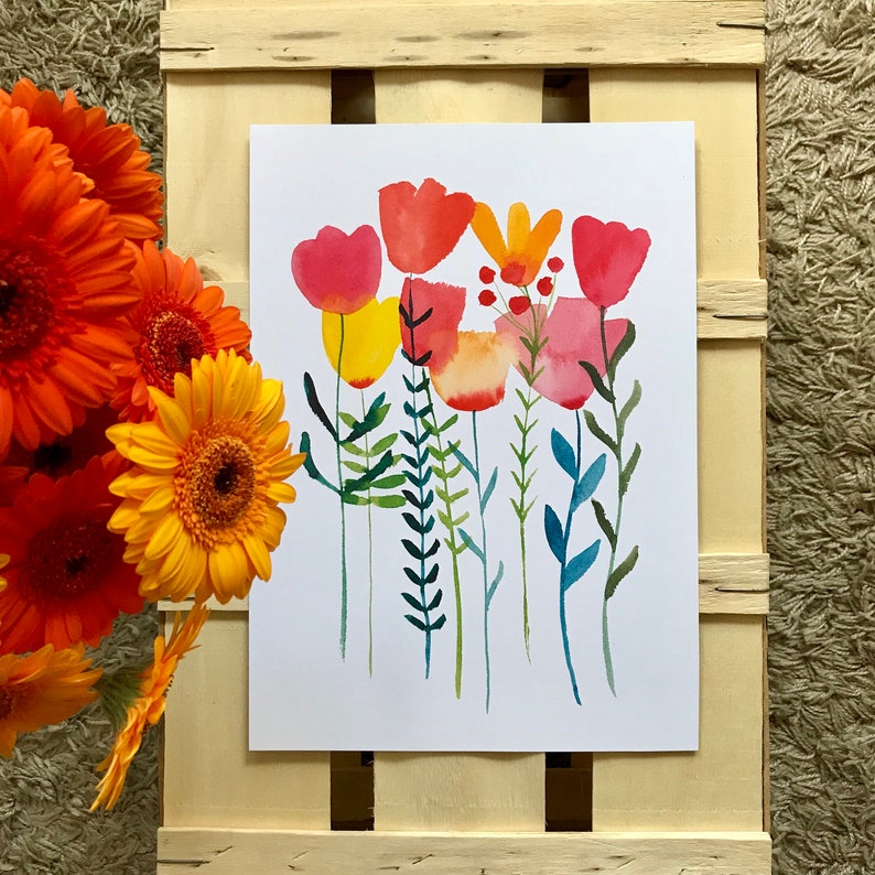 May include: Watercolour painting of a bouquet of stylised flowers in shades of red, orange, yellow, and green. The flowers are arranged in a vase and have long stems.