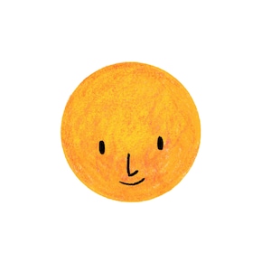 May include: A yellow circle with a smiling face drawn on it. The face has two eyes, a nose, and a mouth.