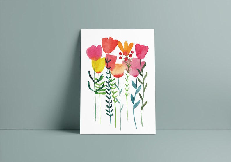May include: Watercolour painting of a bouquet of flowers in shades of pink, red, orange, and yellow. The flowers have green stems and leaves.