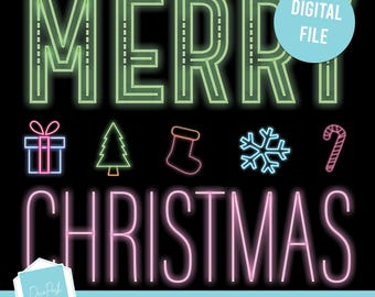 Neón navideño PNG / Neón navideño feliz / Luces de neón navideñas / PNG navideño / Archivo digital de feliz Navidad / PNG navideño neón /