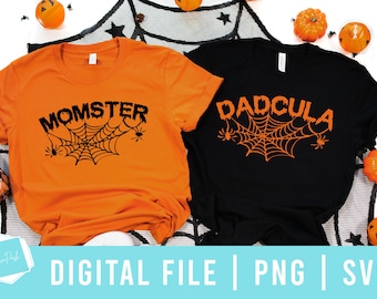 May include: Two orange and black Halloween themed t-shirts. One shirt says "Momster" with a spider web and spiders. The other shirt says "Dadcula" with a spider web and spiders.