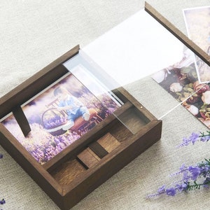 Gift Box. Wooden Gift Box For Photo Cards. Wooden Storage Box. Acrylic Glass Lid. With Space For USB Flash-Drive
