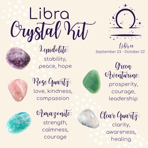 May include: A Libra Crystal Kit graphic with the text "Libra Crystal Kit" in purple script. The image includes six crystals: Lepidolite, Rose Quartz, Amazonite, Green Aventurine, and Clear Quartz. Each crystal is labeled with its properties and the Libra zodiac sign.