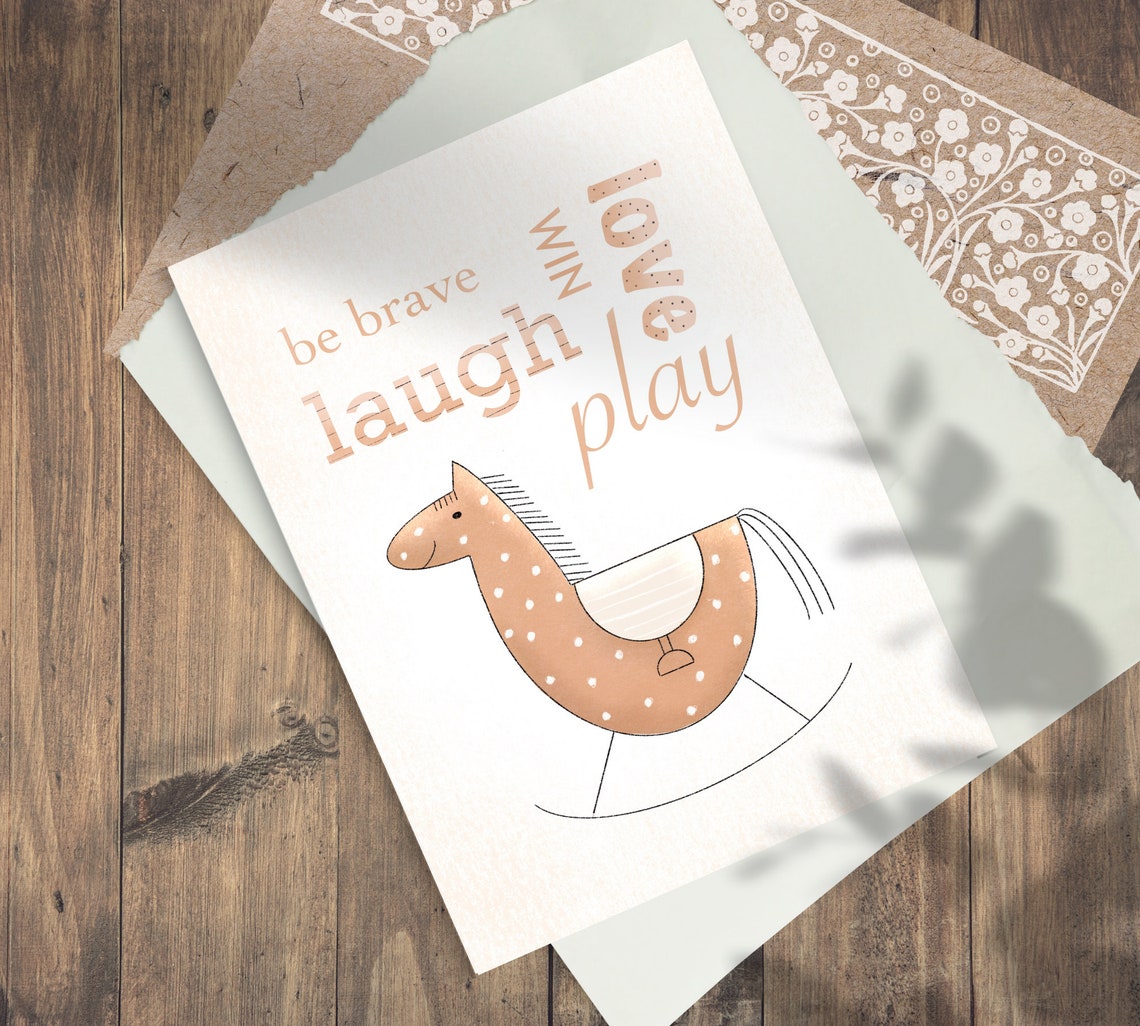 Boho Illustration Rocking Horse, Nursery Wall Art Toddler and Children