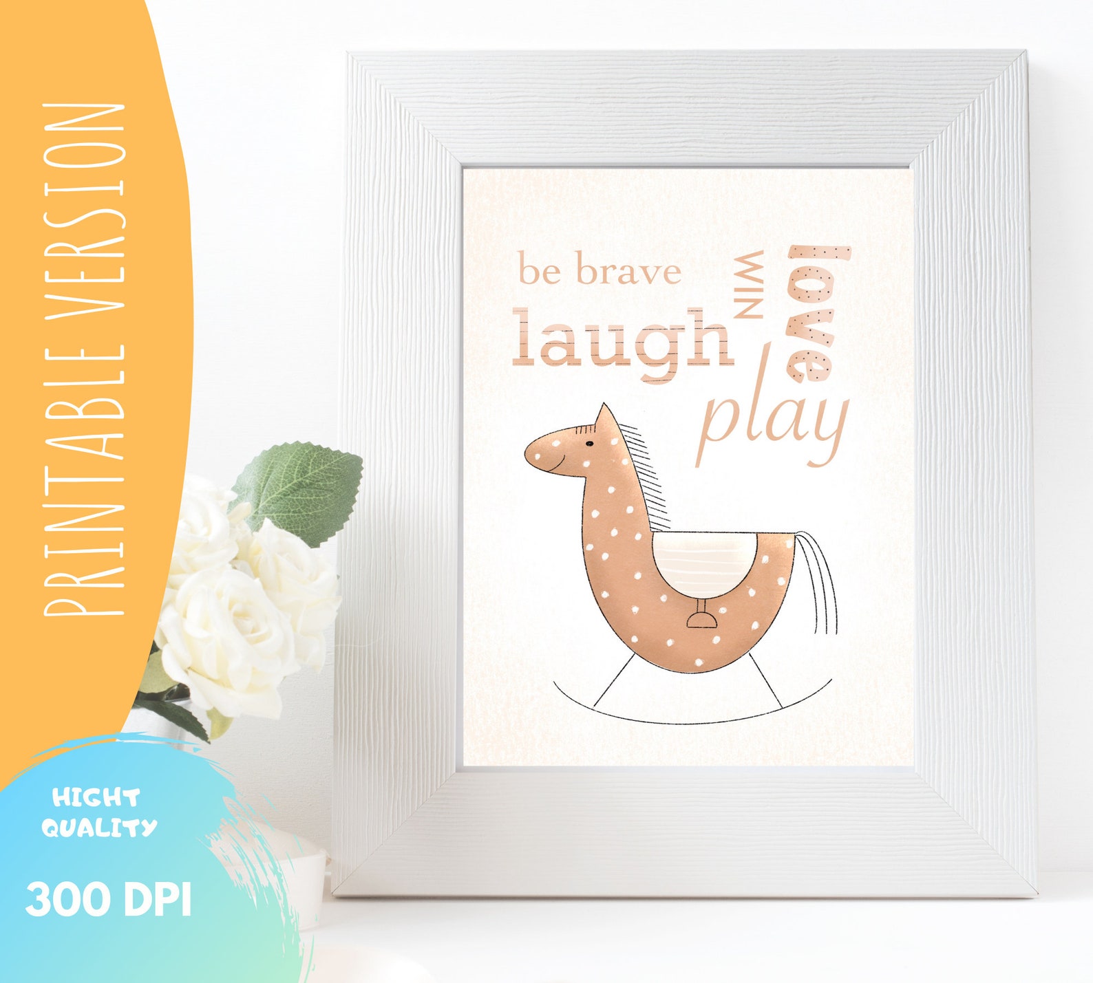 Boho Illustration Rocking Horse, Nursery Wall Art Toddler and Children