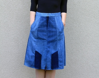 Blue denim skirt, A line skirt, Jeans skirt, Casual fit, Indigo blue denim, Upcycled denim, Sustainable clothing, Remade by Yours Again