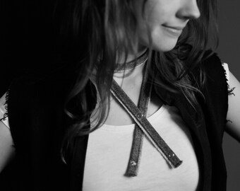 Denim Choker, Blue denim choker, Upcycled denim necklace, Frayed denim, Street fashion, remade jean choker, casual style, made by YoursAgain