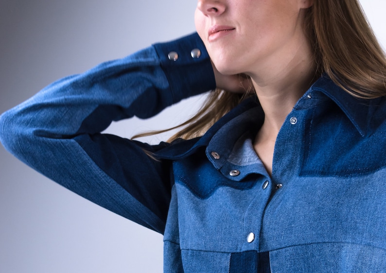 Blue denim shirt, Upcycled denim shirt, Womens shirt, Denim blouse, Casual shirt, Jean shirt, Sustainable clothing, remade by YoursAgain image 5