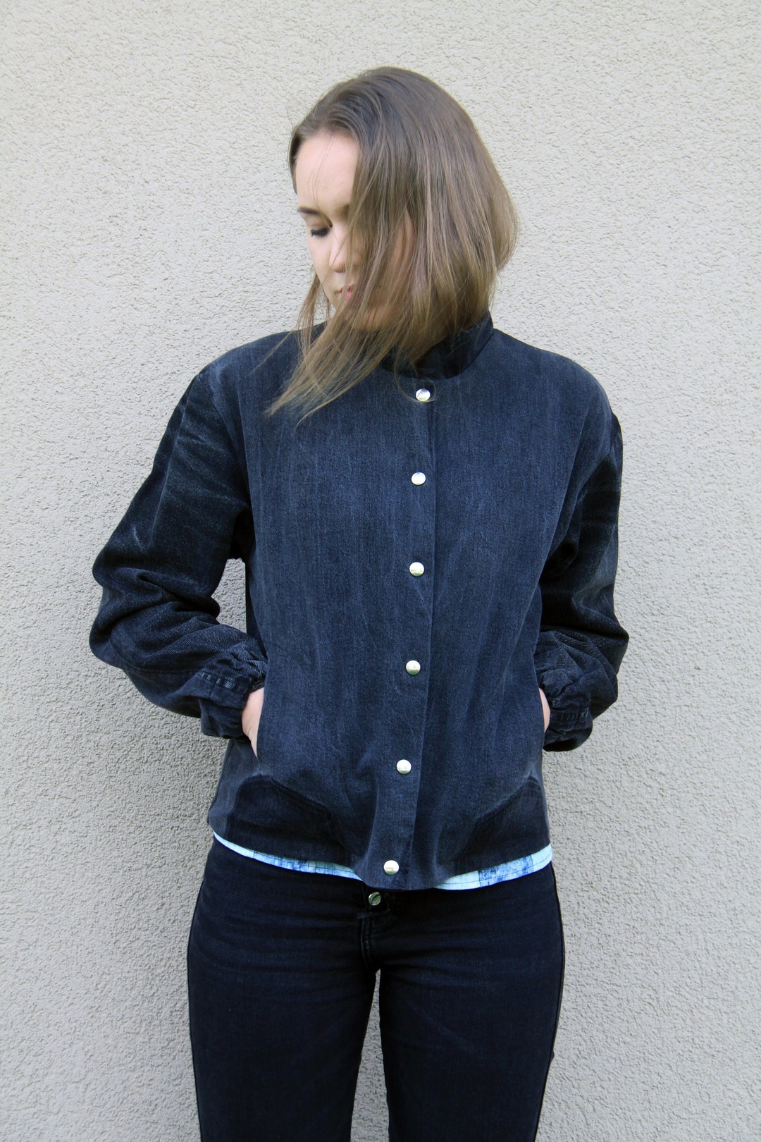 Black Bomber Jacket Denim Bomber Jacket Black Denim Etsy