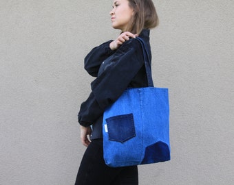 Denim Tote, Large Tote Bag, Upcycled shoulder bag, Shopper bag, Remade denim, Eco friendly bag, Blue denim tote, handmade by YoursAgain