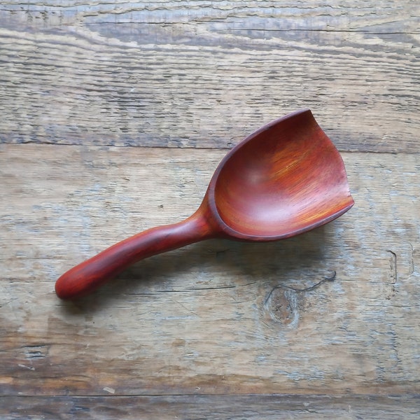 Hand carved wooden scoop with curved handle, red bloodwood spoon, exotic wood kitchen dinnerware