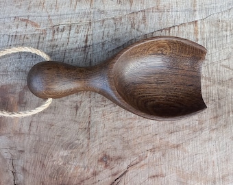 Hand Carved Bog Oak Scoop - Curved Coffee Scoop - Black Wooden Spoon With Curved Handle- Measuring Spoon