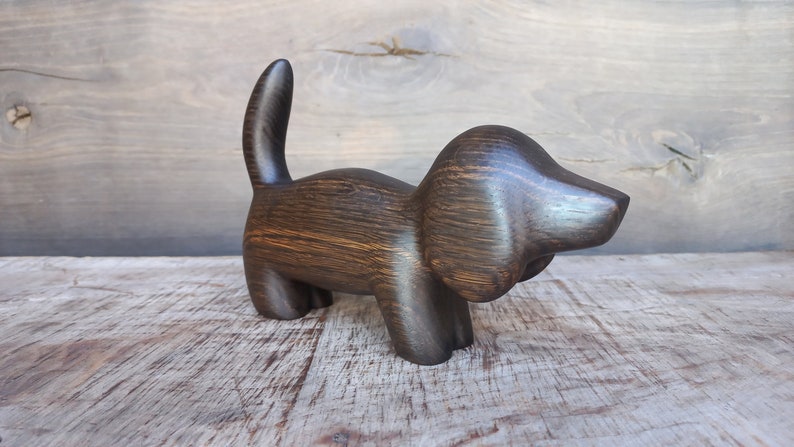 Hand carved wooden figurine The Dachshund, little animal statuette, black bog oak dog sculpture image 4