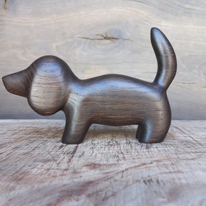 Hand carved wooden figurine The Dachshund, little animal statuette, black bog oak dog sculpture image 1