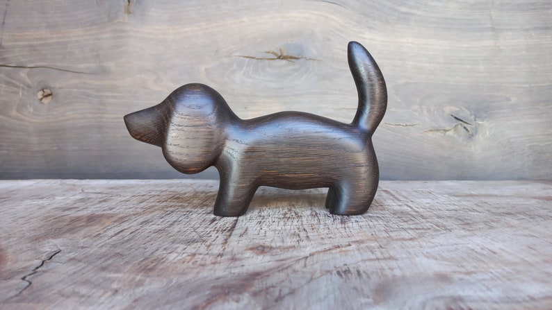 Hand carved wooden figurine The Dachshund, little animal statuette, black bog oak dog sculpture image 1