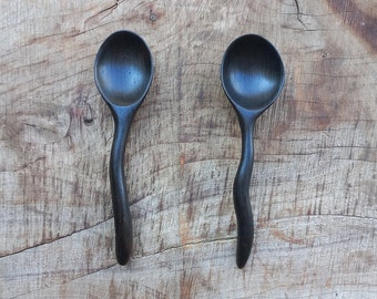 Hand carved bog oak spoon - measuring scoop - curved handle black spoon